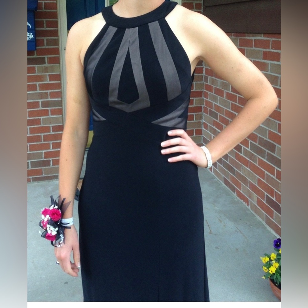 Morgan & Co. Black Geometric Halter Dress